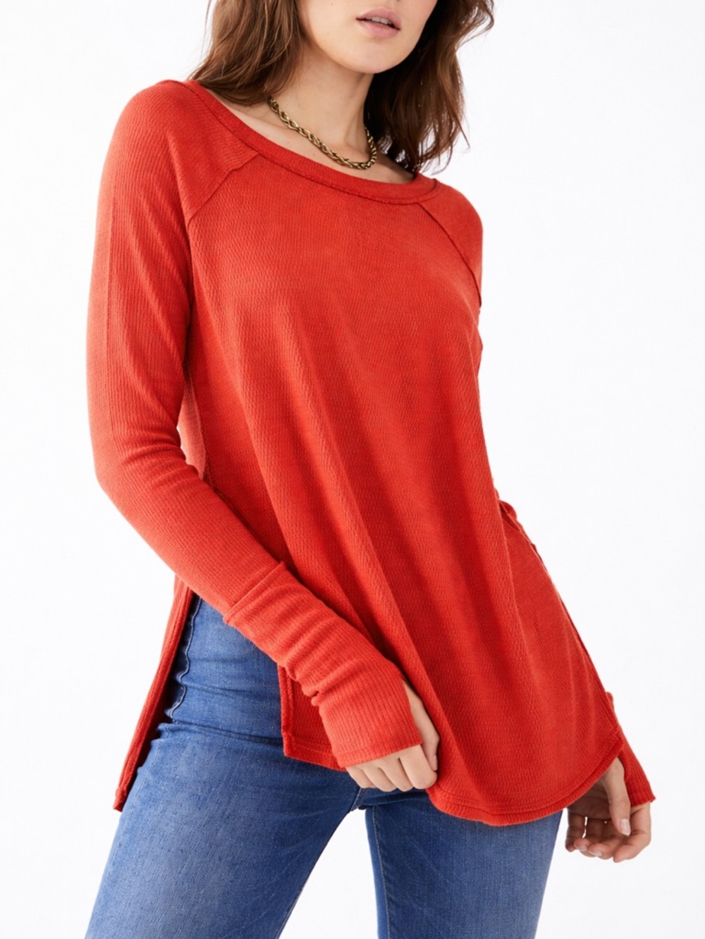 Free People WE THE FREE Snowy Thermal Top Burnt Orange XS Boho Slouchy
